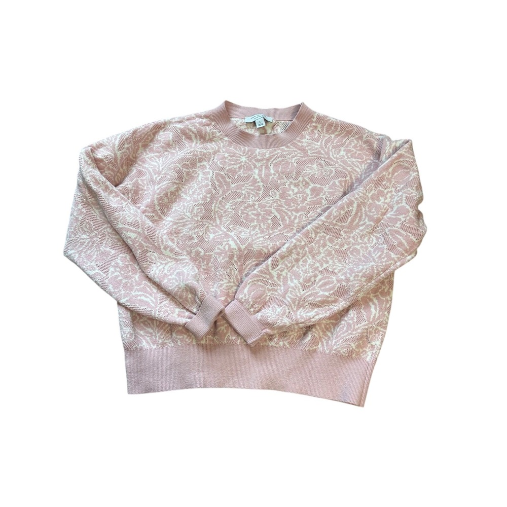 Ann Taylor Weekend Pink Floral Jacquard Pointelle Knit Crewneck Sweater Small